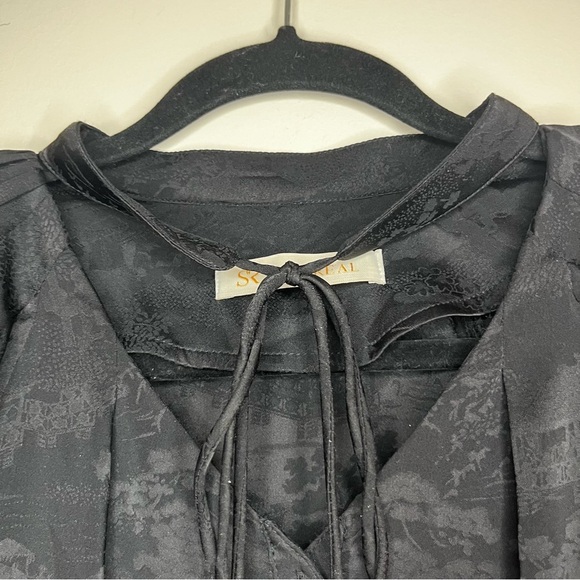 STAY REAL Silky Jaquard Flowy Boho Japanese Printed Front Buttondown Blouse Top - Picture 4 of 12